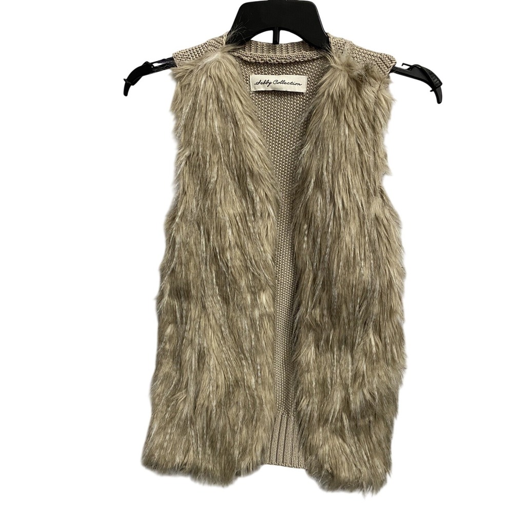 Sebby Collection Womens Faux Fur Front Knit Back Open Vest Natural Beige Small‎